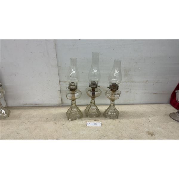 Three Vintage Clear Glass Kerosene Lamps With Octagonal Bases and Chimneys