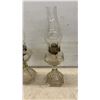 Image 2 : Three Vintage Clear Glass Kerosene Lamps With Octagonal Bases and Chimneys