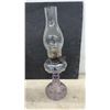 Image 4 : Three Vintage Sun-Purpled Pressed Glass Kerosene Oil Lamps With Chimneys and Brass Burners