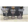 Image 5 : Three Vintage Sun-Purpled Pressed Glass Kerosene Oil Lamps With Chimneys and Brass Burners