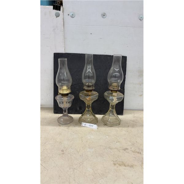 3 Vintage Clear Glass Kerosene Oil Lamps With Brass Burners and Glass Chimneys