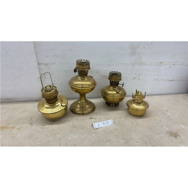 Four Antique Brass Kerosene Oil Lamps, No Chimneys