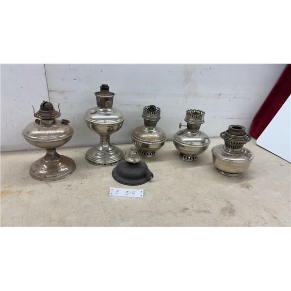 Six Vintage Kerosene Oil Lamp Fonts Including Aladdin, No Chimneys