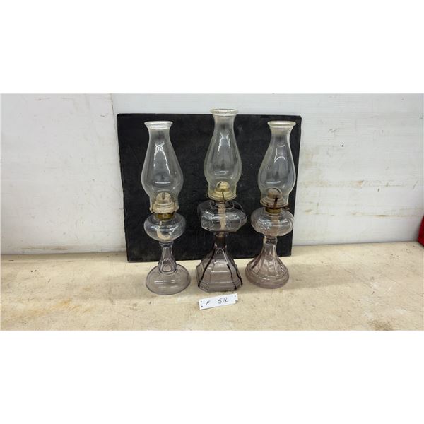 Three Antique Glass Kerosene Oil Lamps with Chimneys