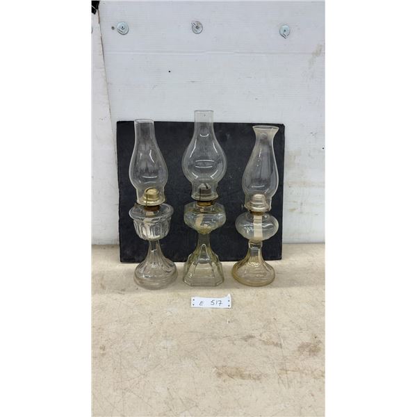 Set of Three Vintage Pressed Glass Kerosene Oil Lamps With Chimneys, Late 19th/Early 20th Century