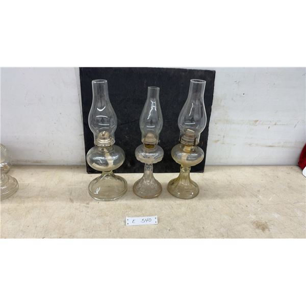 Three Antique Clear Glass Kerosene Oil Table Lamps With Chimneys, Late 19th/Early 20th Century