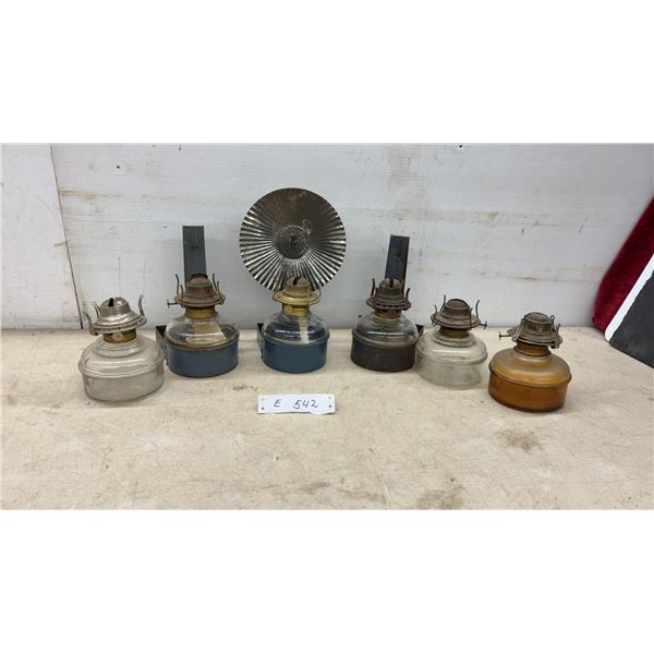 Collection of Six Vintage Kerosene Oil Lamp Founts With Burners and Three Wall Brackets, No