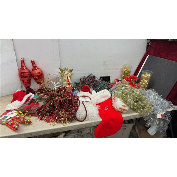 Assorted Christmas Decor: Santa Figures, Tinsel Garland, Angel Tree Topper, Lights, Ornaments