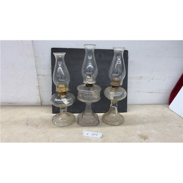 Three Antique Clear Pressed Glass Kerosene Oil Lamps with Glass Chimneys