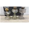 Image 5 : Three Antique Clear Pressed Glass Kerosene Oil Lamps with Glass Chimneys