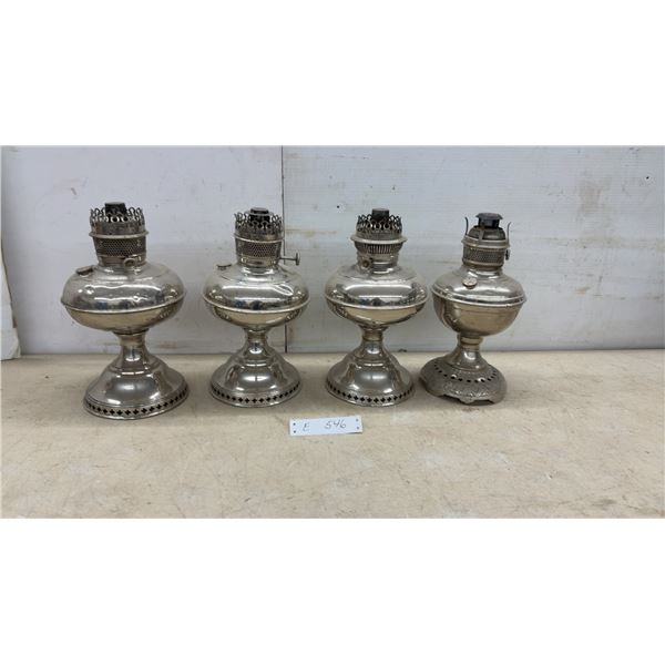 Set of Four Antique Nickel-Plated Kerosene Oil Lamps with Pedestal Bases, No Chimneys
