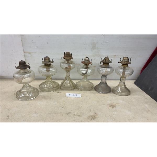 Six Clear Glass Kerosene Oil Lamps With Metal Burners and Wicks, No Chimneys