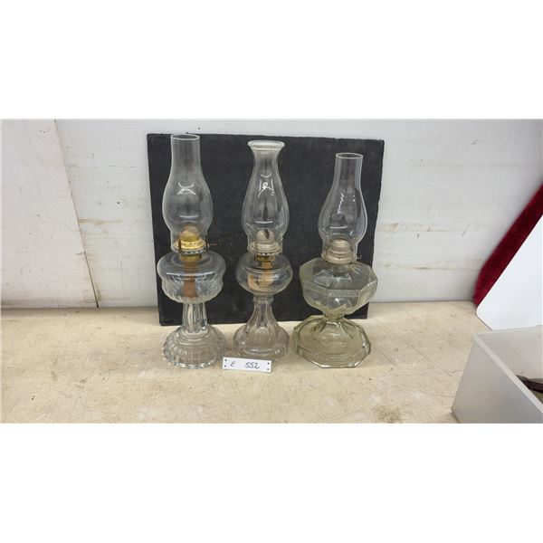 Three Clear Glass Kerosene Oil Lamps With Chimneys