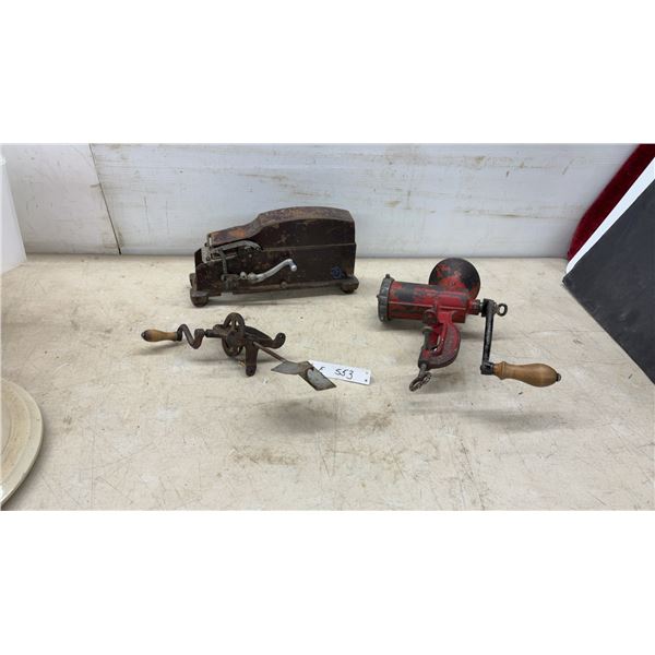 Vintage: Meat Grinder Patented 1899, Butcher’s Tape Dispenser and Hand Mixer