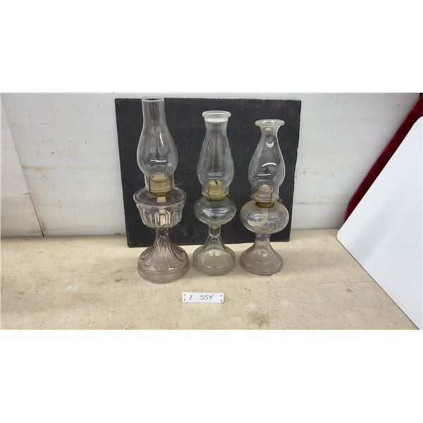 Three Antique Glass Kerosene Lamps with Chimneys, Late 19th to Early 20th Century