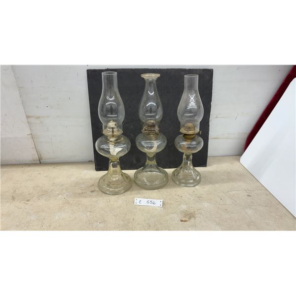 Three Clear Glass Kerosene Lamps with Chimneys