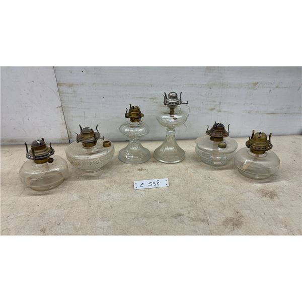 Six CGlass Oil Lamps With Brass Burners, No Chimneys, Two Lamps only have 3 Prongs
