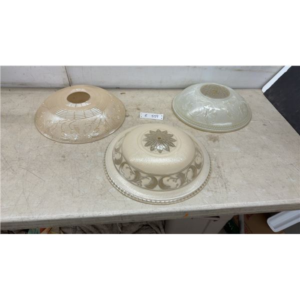 Three Vintage Frosted Glass Ceiling Light Shades With Floral and Scroll Designs