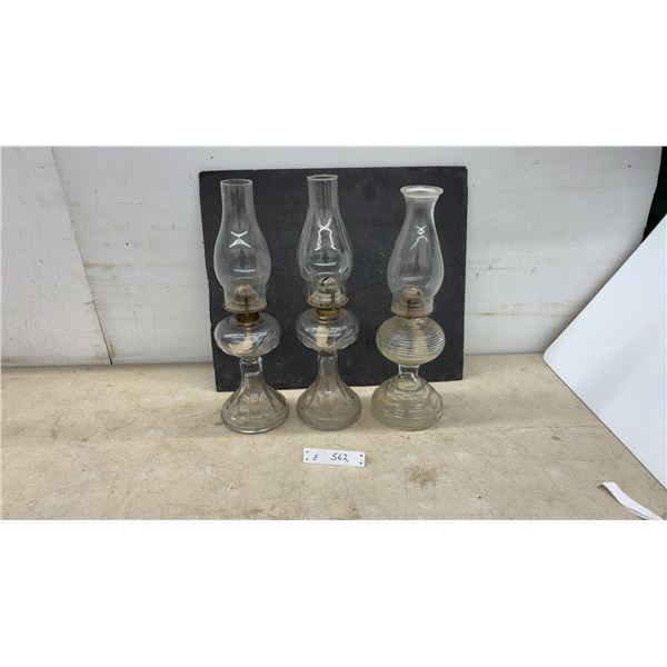Three Antique Clear Glass Kerosene Oil Lamps With Chimneys