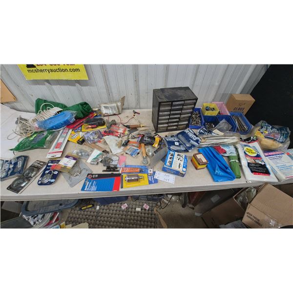 Assorted Hardware and Supplies: Multi-Drawer Cabinet, Bins of Fasteners, Weatherstrip, Drop Sheets