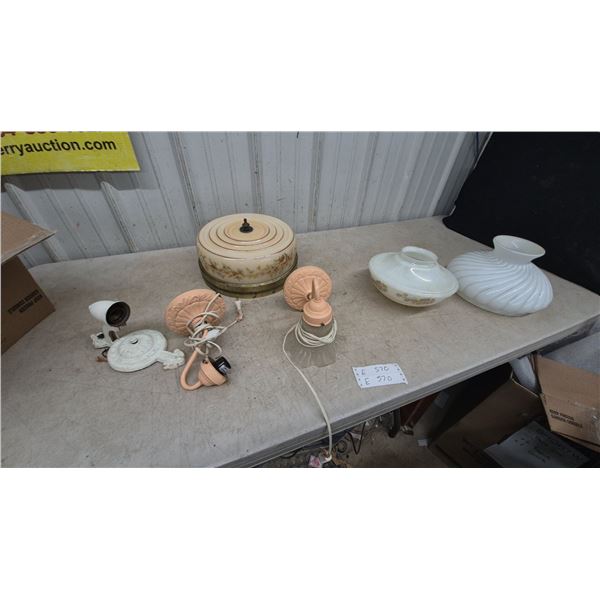 Assorted Vintage Light Fixtures and Shades: Floral Glass Shade, Swirl Glass Shade