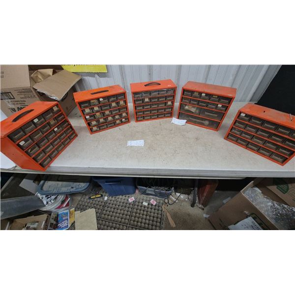 Five Orange Metal Multi-Drawer Small Parts Organizers with Clear Plastic Drawers all with hardware