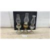 Image 1 : Three Clear Glass Oil Lamps with Pedestal Bases and Chimneys