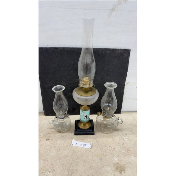 Antique Queen Anne Kerosene Lamp With Stork Motif and Two Clear Glass Finger Oil Lamps