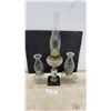 Image 1 : Antique Queen Anne Kerosene Lamp With Stork Motif and Two Clear Glass Finger Oil Lamps