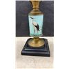 Image 3 : Antique Queen Anne Kerosene Lamp With Stork Motif and Two Clear Glass Finger Oil Lamps