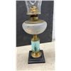 Image 4 : Antique Queen Anne Kerosene Lamp With Stork Motif and Two Clear Glass Finger Oil Lamps