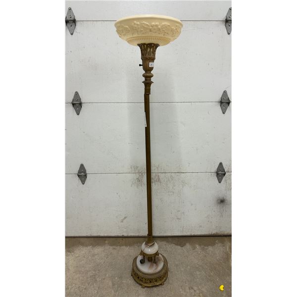 Vintage Ornate Brass Torchère Floor Lamp with Marble Base and Embossed Floral Glass Shade, 65” Tall