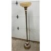 Image 7 : Vintage Ornate Brass Torchère Floor Lamp with Marble Base and Embossed Floral Glass Shade, 65” Tall