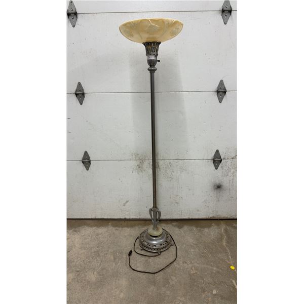 Vintage Torchiere Floor Lamp With Cast Metal Base and Embossed Floral Glass Shade, 65” Tall, Cord