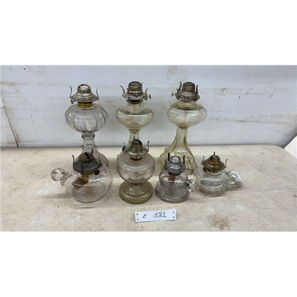 Glass Kerosene Oil Lamps With Metal Burners, Pedestal and Finger Styles, Set of 7, Missing Chimneys