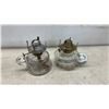 Image 3 : Glass Kerosene Oil Lamps With Metal Burners, Pedestal and Finger Styles, Set of 7, Missing Chimneys