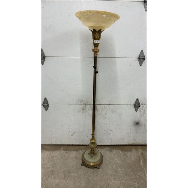 Vintage Ornate Brass Torchiere Floor Lamp with Floral Glass Shade and Marble Base, 63” Tall