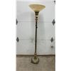 Image 1 : Vintage Ornate Brass Torchiere Floor Lamp with Floral Glass Shade and Marble Base, 63” Tall
