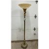 Image 6 : Vintage Ornate Brass Torchiere Floor Lamp with Floral Glass Shade and Marble Base, 63” Tall