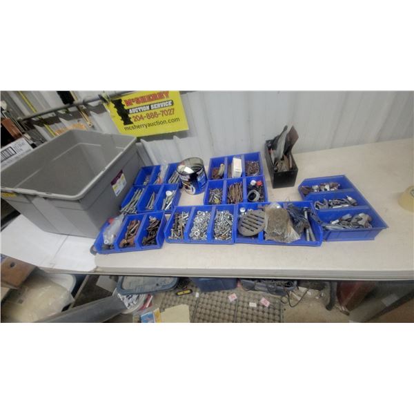 Assorted Hardware: Nuts, Bolts, Washers, Screws, Clamps, syorage tub