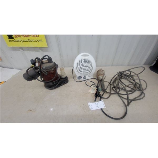 Submersible Pump, Portable Electric Heater, and Work Light with Long Cord