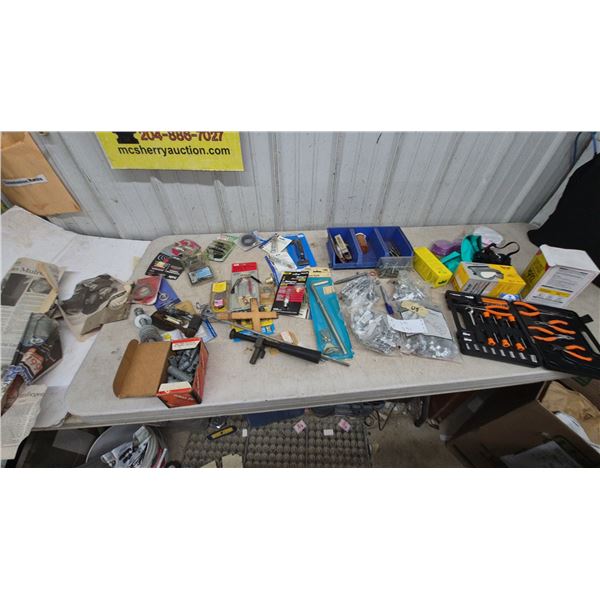 Assorted Hand Tools, Hardware, and Safety Gear Incl. Encon Goggles, Socket and Screwdriver Set