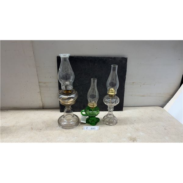 Three Glass Kerosene Lamps with Chimneys