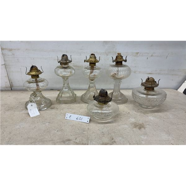 Six Glass Oil Lamps with Brass Burners, No Chimneys