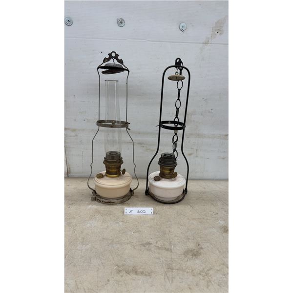 Pair of Vintage Hanging Aladdin Lamps with Metal Frames, Missing 1 Chimney