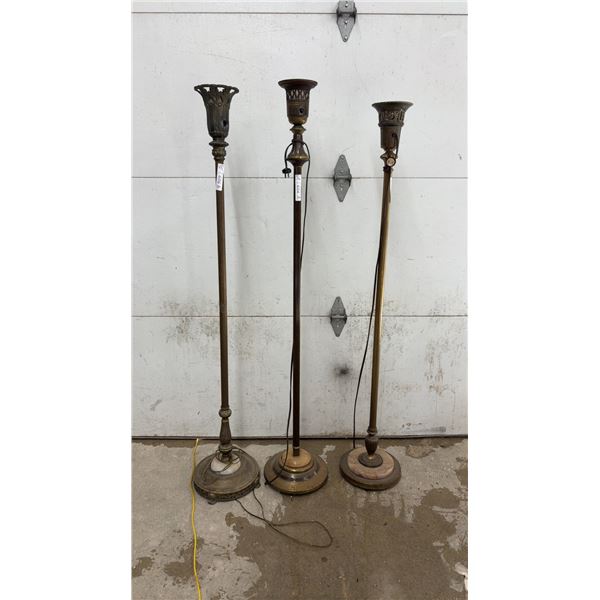 Three Vintage Torchiere Floor Lamp Bases with Brass and Marble Construction, No shades
