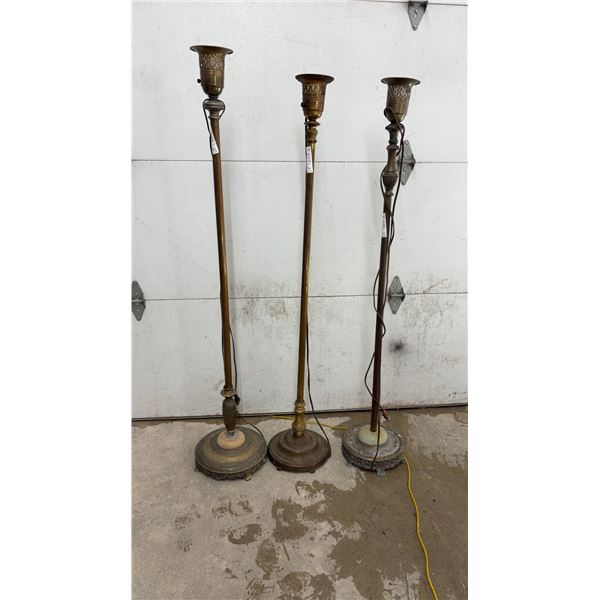 3 Antique Ornate Cast Brass and Bronze Torchiere Floor Lamps, Early 20th Century, No Shades