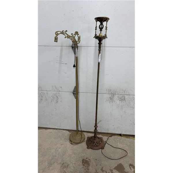 Antique Cast Iron and Brass Floor Lamps, Bridge Arm Scrollwork and Ornate Cage Top, Missing Shades