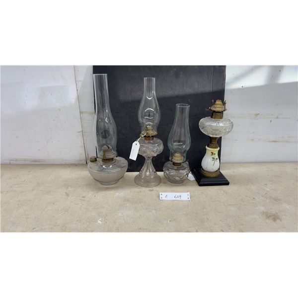 FourAntique Clear Glass Kerosene Oil Lamps Including Victoria Finger Lamp and Parlor Lamp, 1
