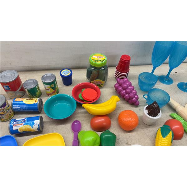 Play Food and Utensils, Cutlery Trays, and Blue Plastic Glasses